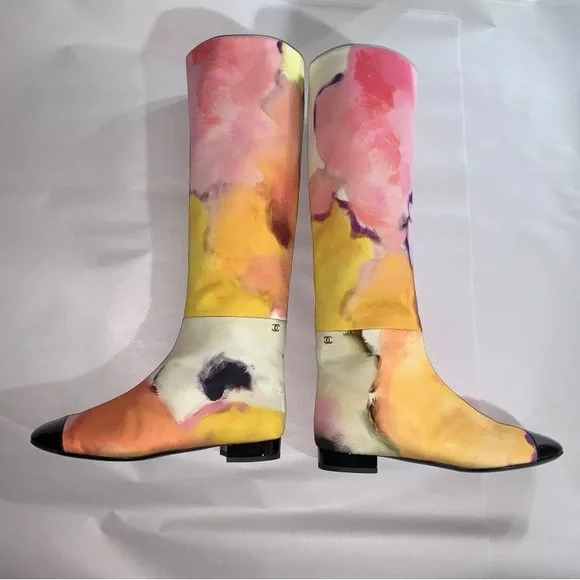 CHANEL size 38.5 abstract floral watercolor RIDING BOOTS spring 2015 collection - Picture 11 of 12